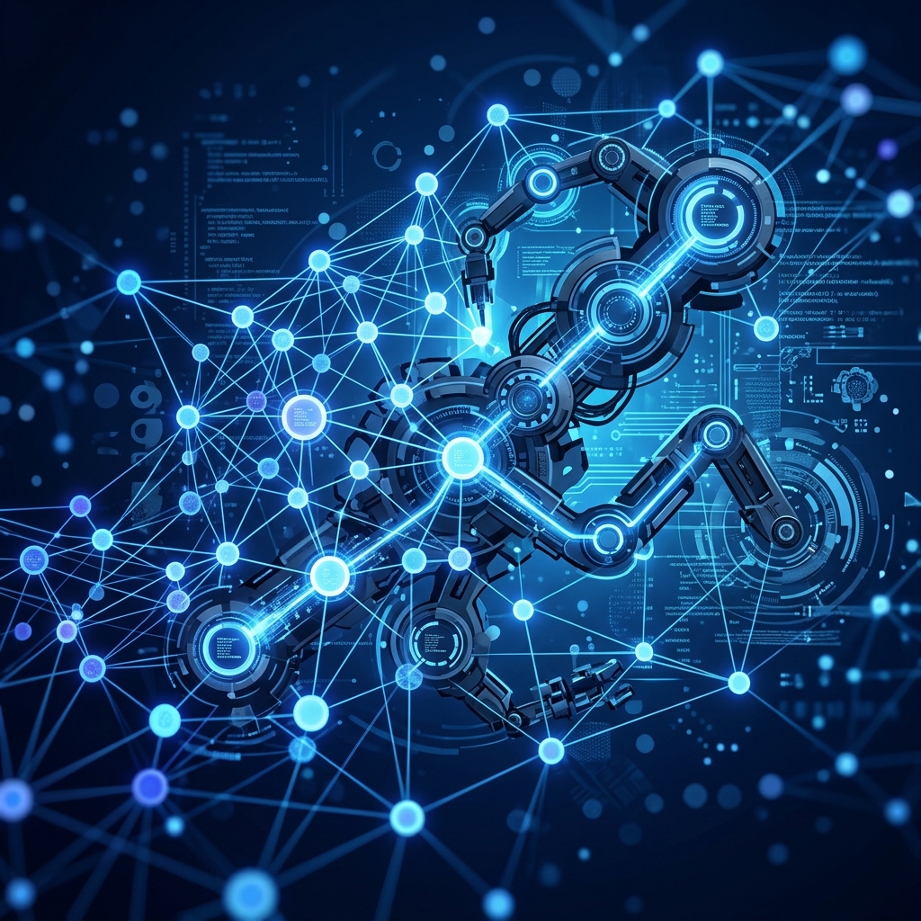 Abstract representation of robotic process automation, glowing neural network nodes connecting to robotic components, dark blue and pastel blue colors, high tech, no text